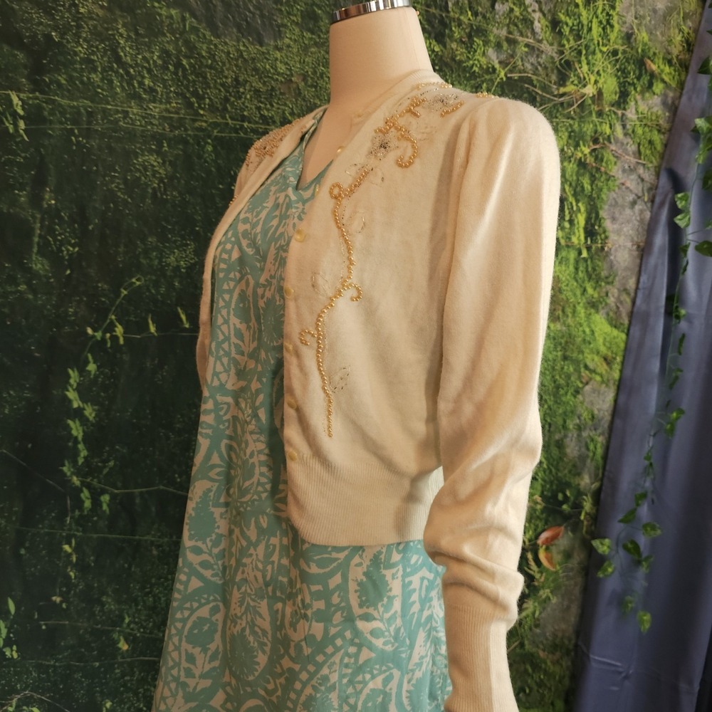 Vintage 1960's Cardigan Sweater Cream Beaded Susan Scott Originals Pinup - Picture 5 of 15